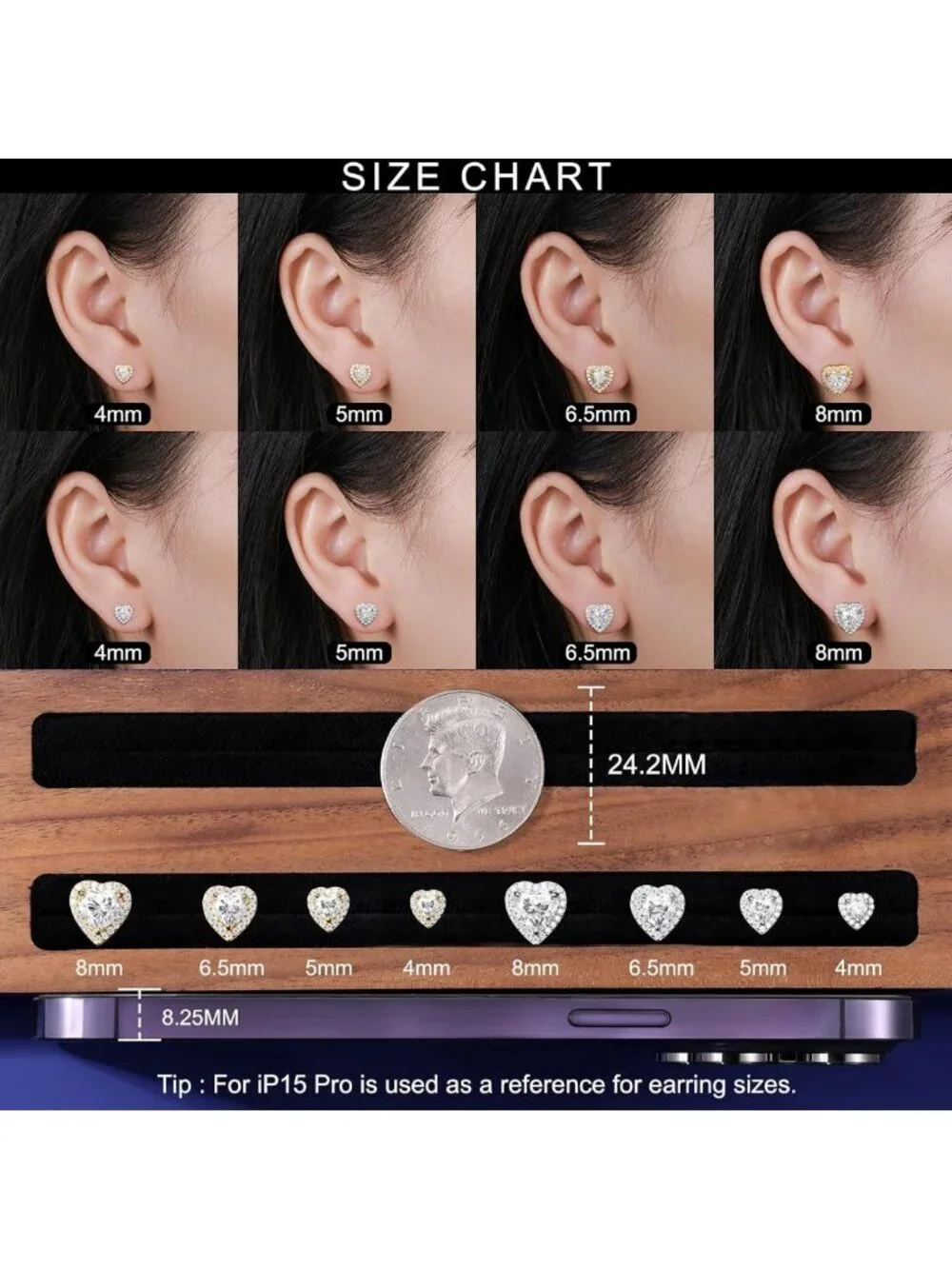 Elegant Moissanite Heart Stud Earrings, 18K White Gold Plated, Screw Back